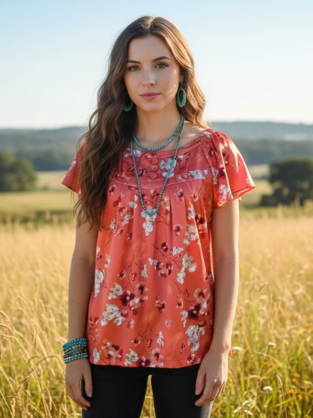 Apt‎ 9 Top M Red Floral Satin Flutter Coquette Cottage Feminine Boho Bloom